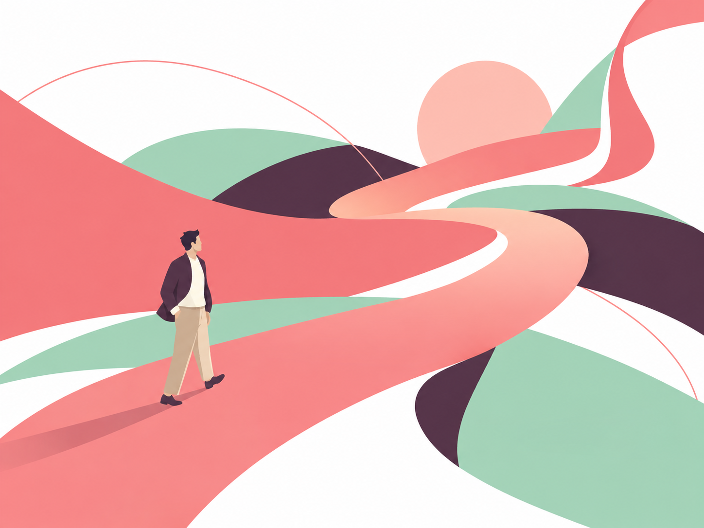 40代の経営者と、事業の可能性が広がる様子を描いた抽象イラスト